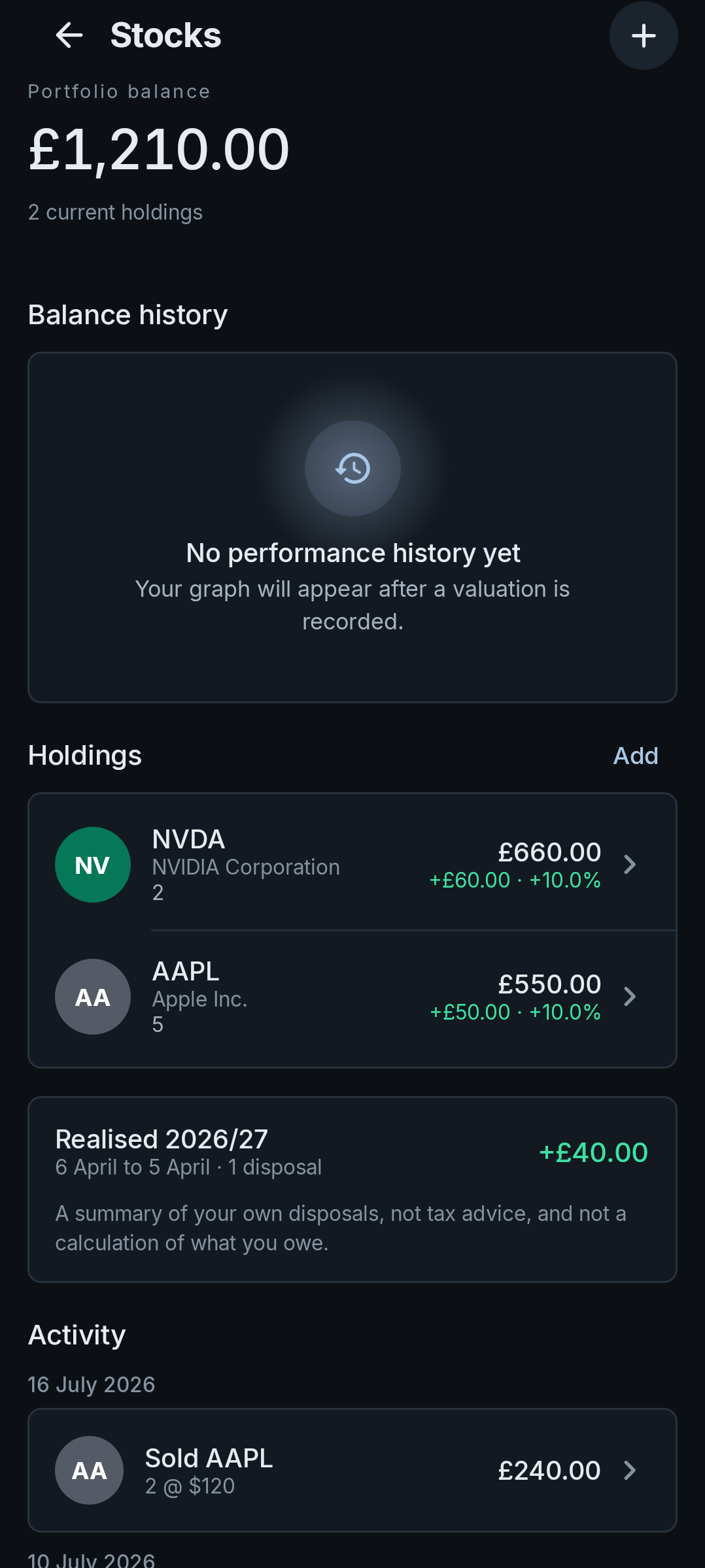 A manually tracked stock portfolio showing holdings, value, performance and recorded activity.